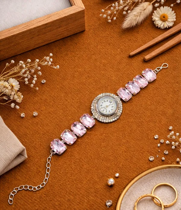 SHANKHRAJ_MALL_Silver/Rose_Gold_Diamond_Studded_Bracelet_Watch_for_Women_|_Elegant_Designer_Chain_Strap_Watch_for_Girls_(Pink)