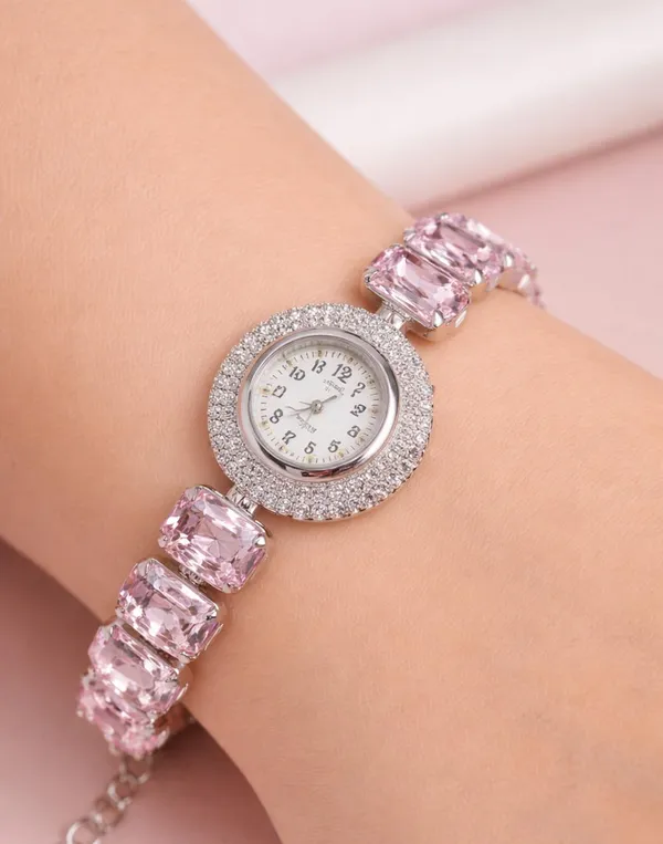 SHANKHRAJ_MALL_Silver/Rose_Gold_Diamond_Studded_Bracelet_Watch_for_Women_|_Elegant_Designer_Chain_Strap_Watch_for_Girls_(Pink)