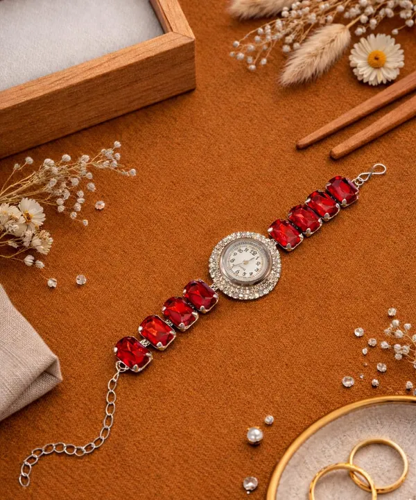 SHANKHRAJ_MALL_Silver/Rose_Gold_Diamond_Studded_Bracelet_Watch_for_Women_|_Elegant_Designer_Chain_Strap_Watch_for_Girls_(RED)