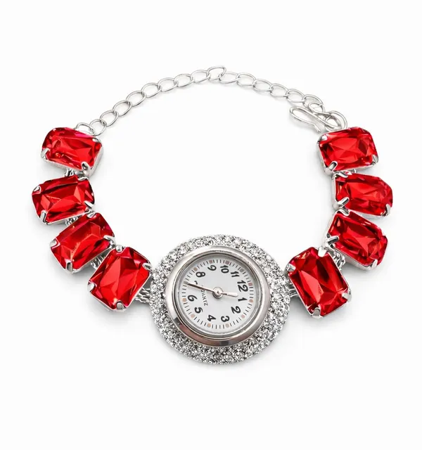 SHANKHRAJ_MALL_Silver/Rose_Gold_Diamond_Studded_Bracelet_Watch_for_Women_|_Elegant_Designer_Chain_Strap_Watch_for_Girls_(RED)