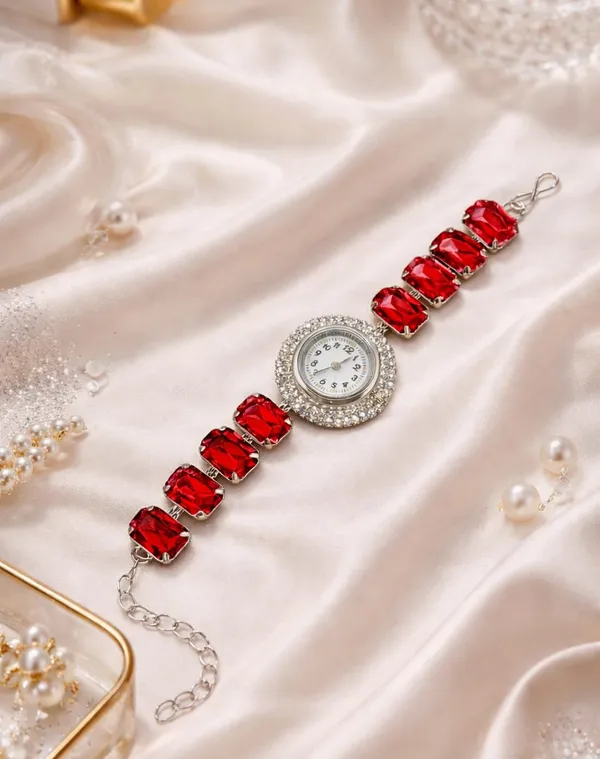 SHANKHRAJ_MALL_Silver/Rose_Gold_Diamond_Studded_Bracelet_Watch_for_Women_|_Elegant_Designer_Chain_Strap_Watch_for_Girls_(RED)