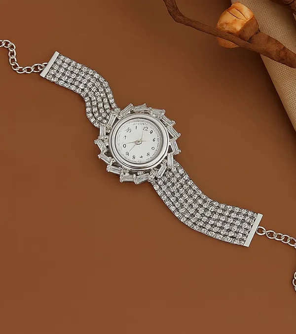 SHANKHRAJ_MALL_Silver/Rose_Gold_Diamond_Studded_Bracelet_Watch_for_Women_|_Elegant_Designer_Chain_Strap_Watch_for_Girls_(Silver)