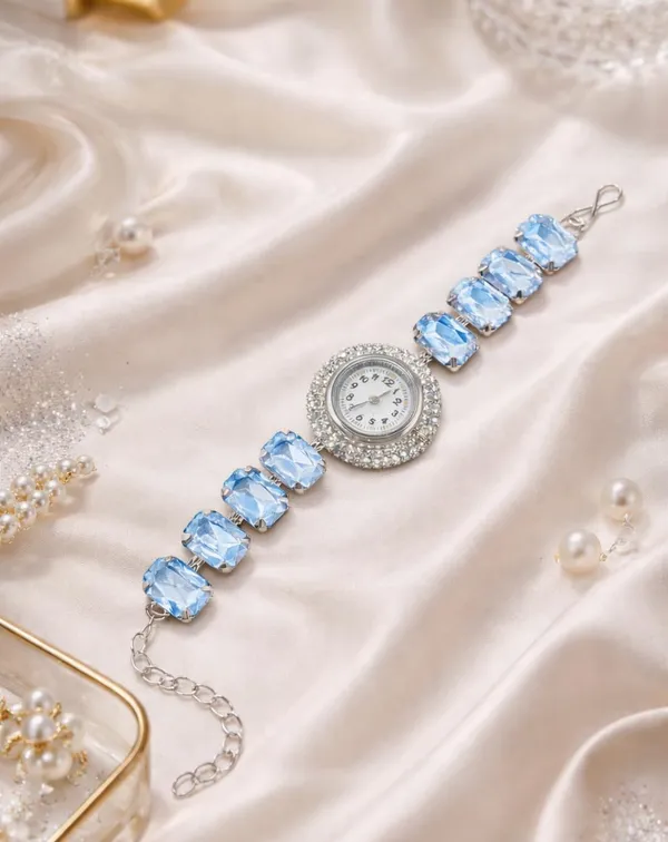 SHANKHRAJ_MALL_Silver/Rose_Gold_Diamond_Studded_Bracelet_Watch_for_Women_|_Elegant_Designer_Chain_Strap_Watch_for_Girls_(Sky_Blue)