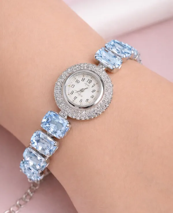 SHANKHRAJ_MALL_Silver/Rose_Gold_Diamond_Studded_Bracelet_Watch_for_Women_|_Elegant_Designer_Chain_Strap_Watch_for_Girls_(Sky_Blue)