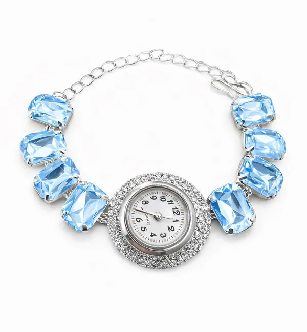 SHANKHRAJ_MALL_Silver/Rose_Gold_Diamond_Studded_Bracelet_Watch_for_Women_|_Elegant_Designer_Chain_Strap_Watch_for_Girls_(Sky_Blue)