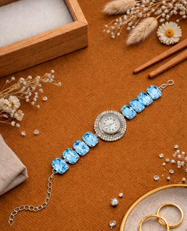 SHANKHRAJ_MALL_Silver/Rose_Gold_Diamond_Studded_Bracelet_Watch_for_Women_|_Elegant_Designer_Chain_Strap_Watch_for_Girls_(Sky_Blue)