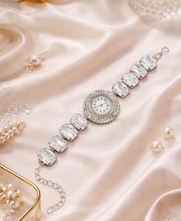 SHANKHRAJ_MALL_Silver/Rose_Gold_Diamond_Studded_Bracelet_Watch_for_Women_|_Elegant_Designer_Chain_Strap_Watch_for_Girls_(White)