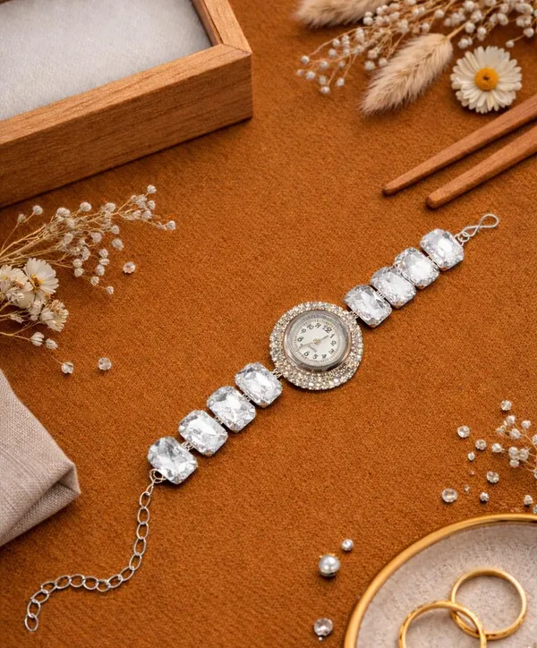 SHANKHRAJ_MALL_Silver/Rose_Gold_Diamond_Studded_Bracelet_Watch_for_Women_|_Elegant_Designer_Chain_Strap_Watch_for_Girls_(White)