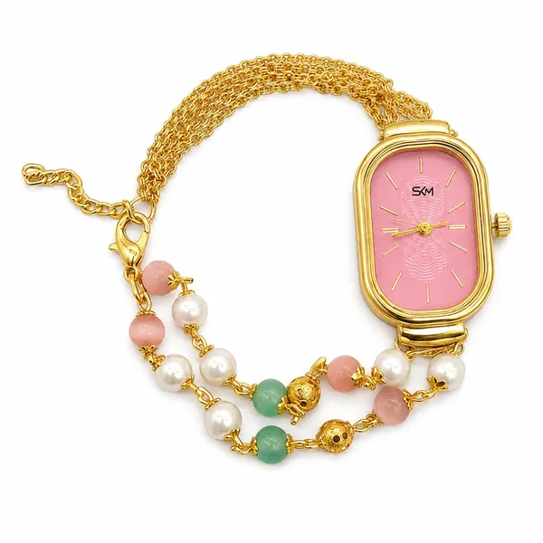 SHANKHRAJ_MALL_Women's_Bracelet_Watch_with_Pink_Dial_and_Gold_Chain_Strap
