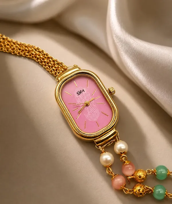SHANKHRAJ_MALL_Women's_Bracelet_Watch_with_Pink_Dial_and_Gold_Chain_Strap