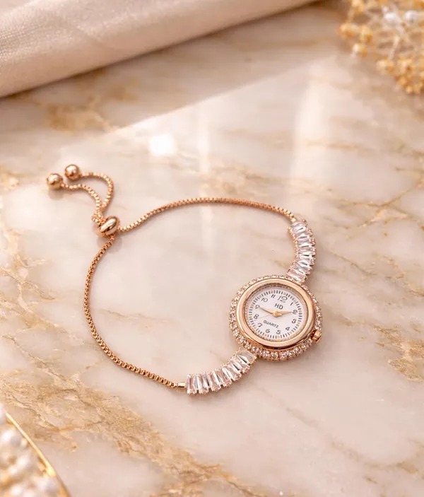 SHANKHRAJ_MALL_Quartz_Bracelet_Watch_for_Women,_Rose_Gold,_Crystal_Embellished,_Adjustable_Bolo_Chain