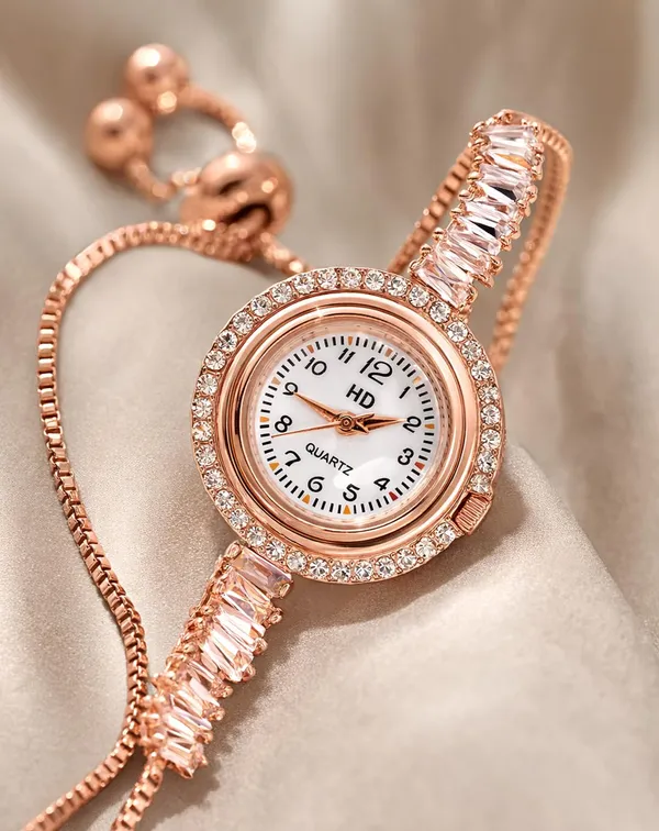 SHANKHRAJ_MALL_Quartz_Bracelet_Watch_for_Women,_Rose_Gold,_Crystal_Embellished,_Adjustable_Bolo_Chain