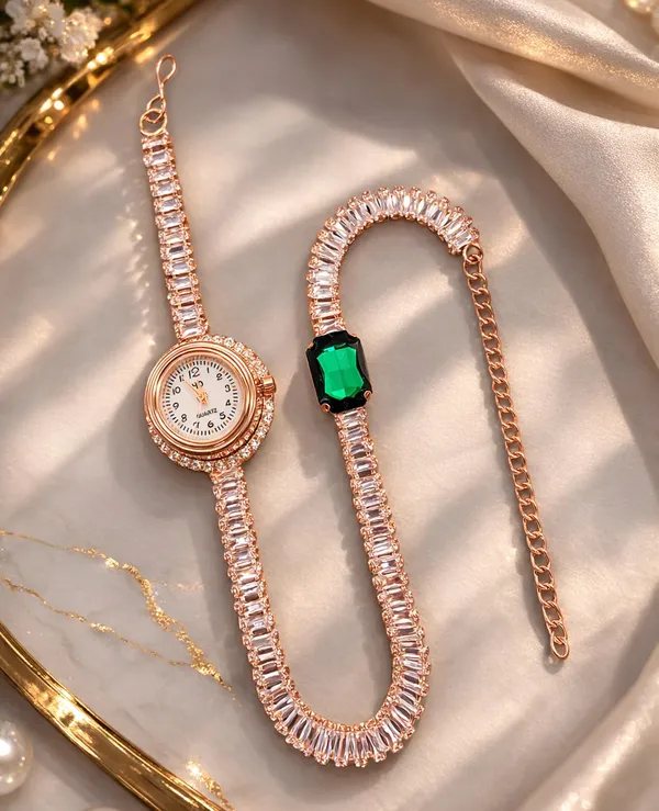 SHANKHRAJ_MALL_Silver/Rose_Gold_Diamond_Studded_Bracelet_Watch_for_Women_|_Elegant_Designer_Chain_Strap_Watch_for_Girls_(Rose_Gold)