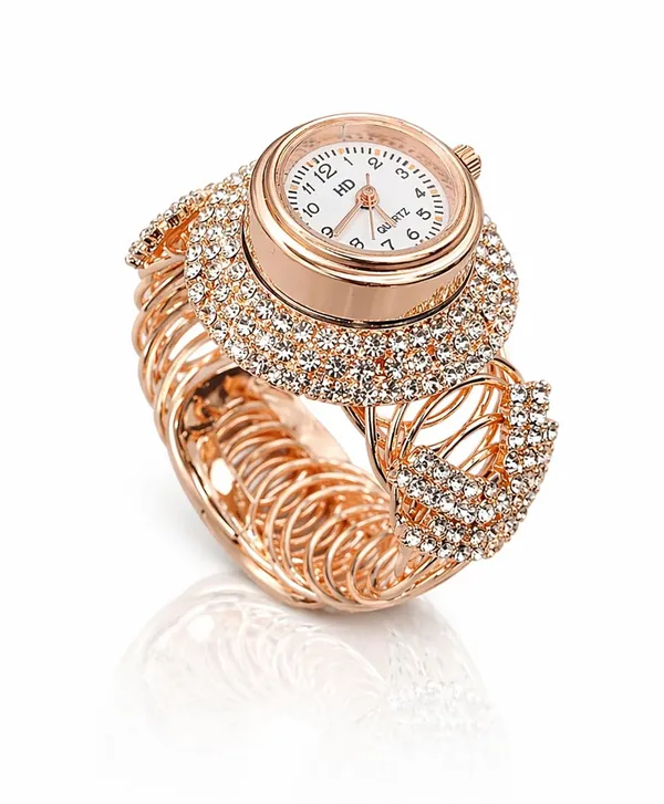 SHANKHRAJ_MALL_Women's_Rose_Gold_Bangle_Bracelet_Watch,_Crystal_Rhinestone_Embellished,_Hollow_Filigree_Cuff,_Analogue_Dial