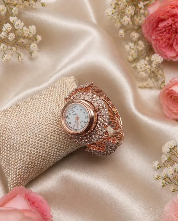 SHANKHRAJ_MALL_Women's_Rose_Gold_Bangle_Bracelet_Watch,_Crystal_Rhinestone_Embellished,_Hollow_Filigree_Cuff,_Analogue_Dial