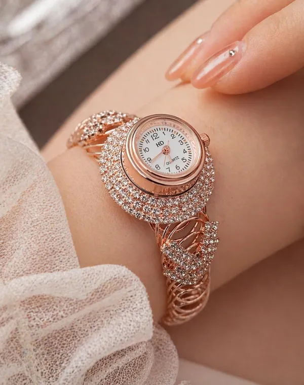 SHANKHRAJ_MALL_Women's_Rose_Gold_Bangle_Bracelet_Watch,_Crystal_Rhinestone_Embellished,_Hollow_Filigree_Cuff,_Analogue_Dial