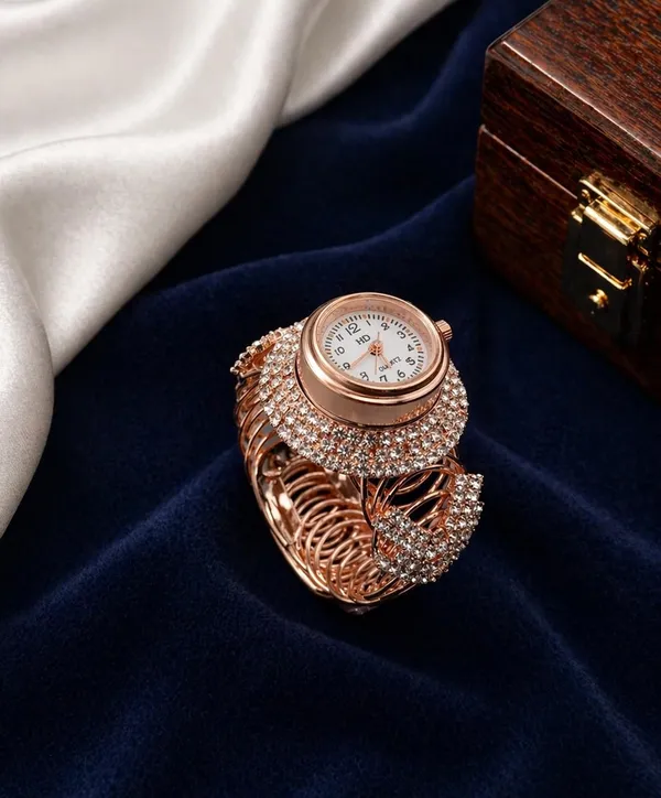 SHANKHRAJ_MALL_Women's_Rose_Gold_Bangle_Bracelet_Watch,_Crystal_Rhinestone_Embellished,_Hollow_Filigree_Cuff,_Analogue_Dial