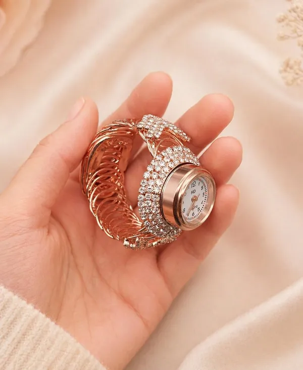 SHANKHRAJ_MALL_Women's_Rose_Gold_Bangle_Bracelet_Watch,_Crystal_Rhinestone_Embellished,_Hollow_Filigree_Cuff,_Analogue_Dial