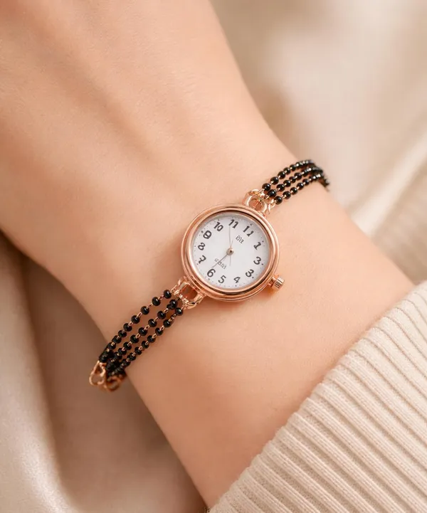 SHANKHRAJ_MALL_Silver/Rose_Gold_Diamond_Studded_Bracelet_Watch_for_Women_|_Elegant_Designer_Chain_Strap_Watch_for_Girls_(Black)