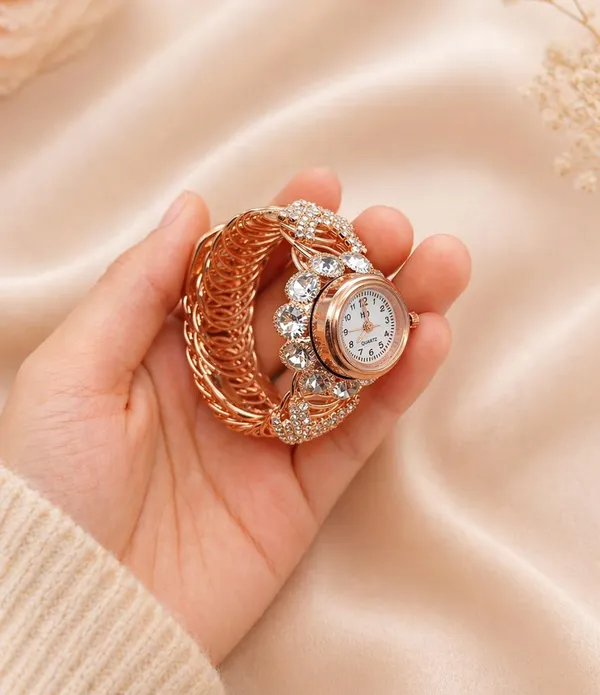 SHANKHRAJ_MALL_Women's_Rose_Gold_Bangle_Bracelet_Quartz_Watch_with_Crystal_Embellishments,_Elegant_Cuff_Style