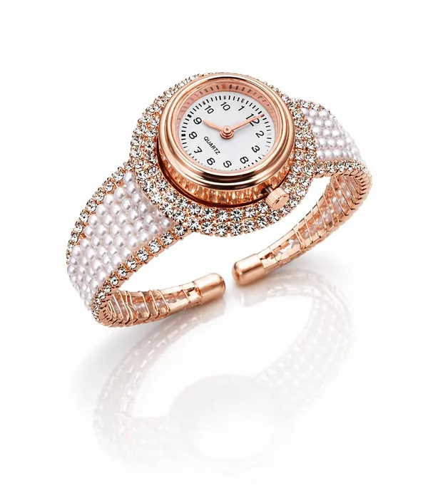 SHANKHRAJ_MALL_Women's_Pearl_Bangle_Bracelet_Watch,_Rose_Gold,_Crystal_Embellished,_Analogue_Dial,_Cuff_Style