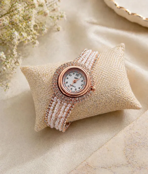 SHANKHRAJ_MALL_Women's_Pearl_Bangle_Bracelet_Watch,_Rose_Gold,_Crystal_Embellished,_Analogue_Dial,_Cuff_Style