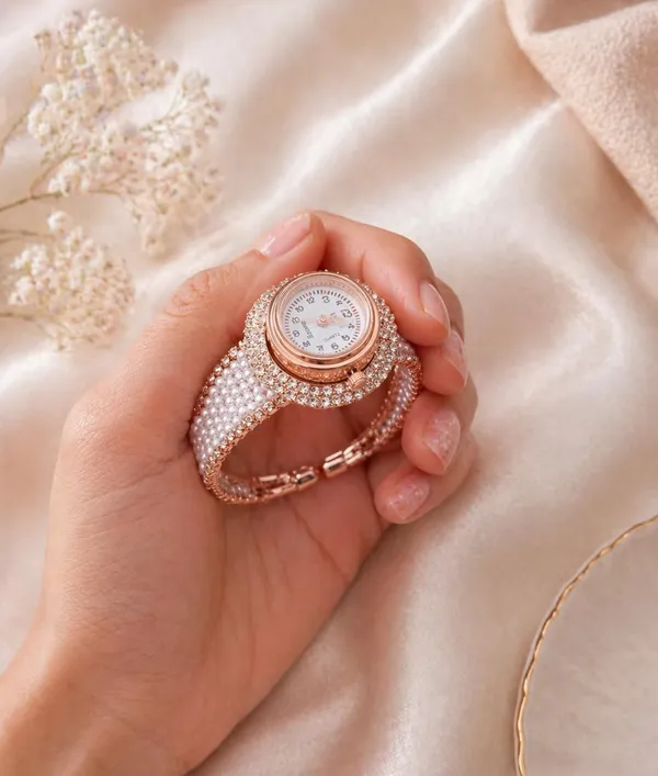 SHANKHRAJ_MALL_Women's_Pearl_Bangle_Bracelet_Watch,_Rose_Gold,_Crystal_Embellished,_Analogue_Dial,_Cuff_Style