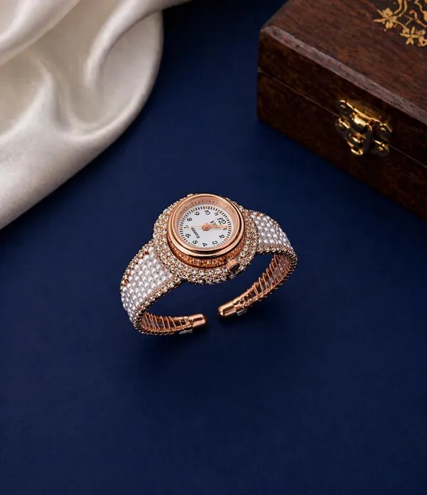 SHANKHRAJ_MALL_Women's_Pearl_Bangle_Bracelet_Watch,_Rose_Gold,_Crystal_Embellished,_Analogue_Dial,_Cuff_Style
