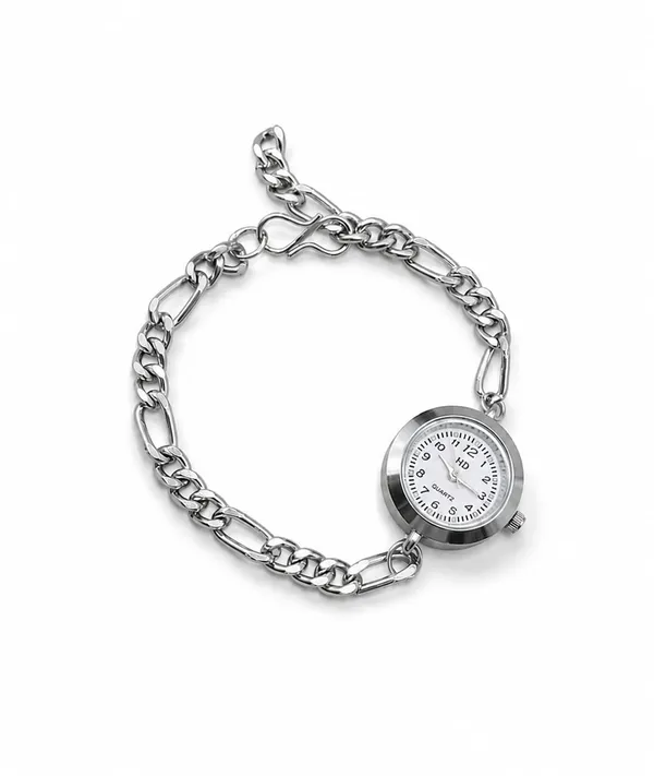SHANKHRAJ_MALL_Silver-Tone_Quartz_Chain_Bracelet_Watch,_Figaro_Chain,_Round_Dial,_Analogue_Style