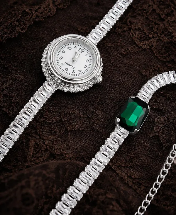 SHANKHRAJ_MALL_Luxury_Silver_Crystal_Watch_and_Emerald_Bracelet_Set_for_Women_|_Rhinestone_Wrist_Watch_with_Green_Stone_Bracelet_|_Fashion_Jewelry_Gift_Set