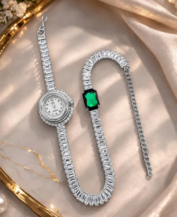 SHANKHRAJ_MALL_Luxury_Silver_Crystal_Watch_and_Emerald_Bracelet_Set_for_Women_|_Rhinestone_Wrist_Watch_with_Green_Stone_Bracelet_|_Fashion_Jewelry_Gift_Set