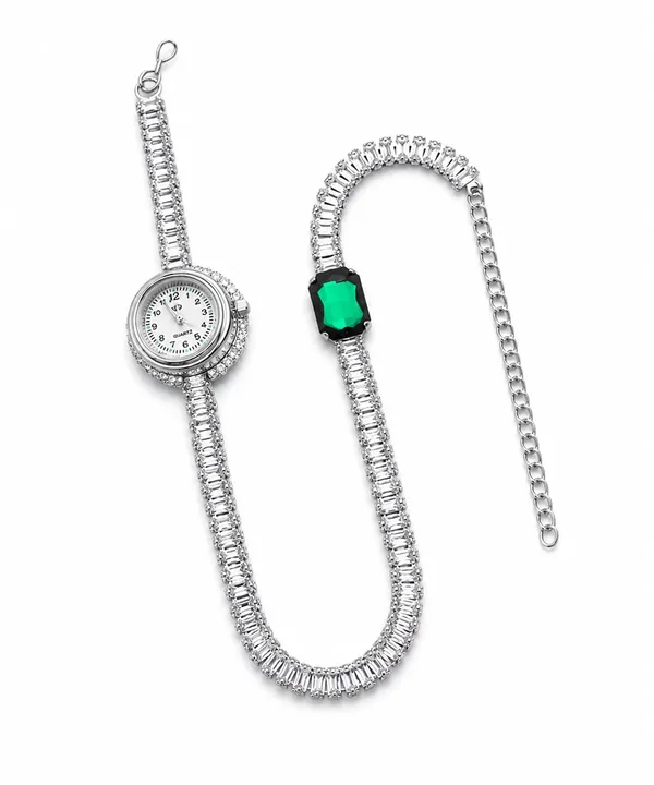 SHANKHRAJ_MALL_Luxury_Silver_Crystal_Watch_and_Emerald_Bracelet_Set_for_Women_|_Rhinestone_Wrist_Watch_with_Green_Stone_Bracelet_|_Fashion_Jewelry_Gift_Set