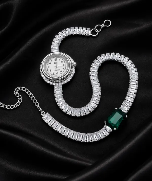 SHANKHRAJ_MALL_Luxury_Silver_Crystal_Watch_and_Emerald_Bracelet_Set_for_Women_|_Rhinestone_Wrist_Watch_with_Green_Stone_Bracelet_|_Fashion_Jewelry_Gift_Set