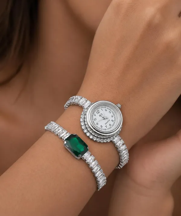 SHANKHRAJ_MALL_Luxury_Silver_Crystal_Watch_and_Emerald_Bracelet_Set_for_Women_|_Rhinestone_Wrist_Watch_with_Green_Stone_Bracelet_|_Fashion_Jewelry_Gift_Set