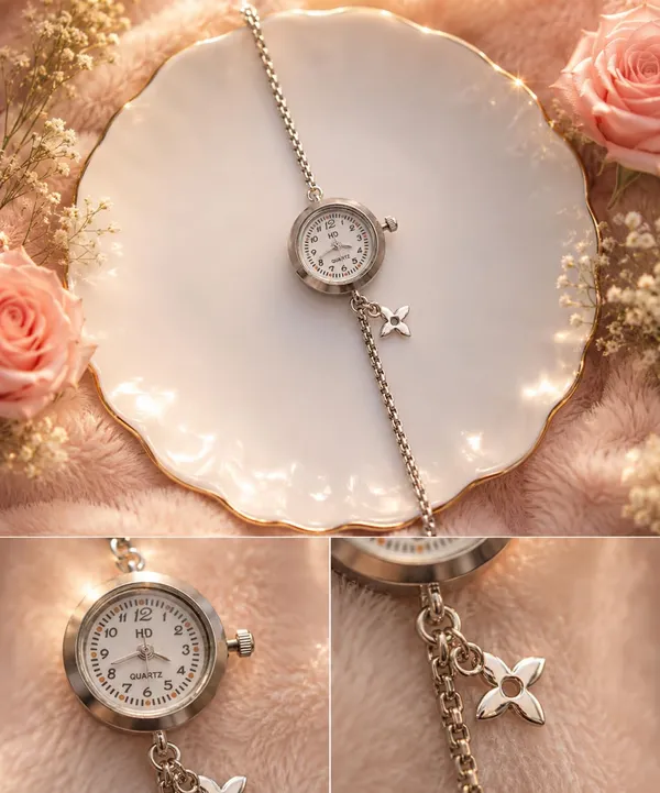SHANKHRAJ_MALL_Flower_Charm_Bracelet_Watch_for_Women_|_Mini_Round_Quartz_Analog_Wrist_Watch_|_Adjustable_Chain_Bracelet_|_Fashion_Jewelry_Watch_for_Girls_&_Women