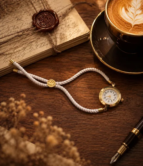 SHANKHRAJ_MALL_Vintage_Quartz_Bracelet_Watch,_Gold-Tone_Round_Dial,_Brown_Rope_Strap,_Retro_Style_(WHITE)