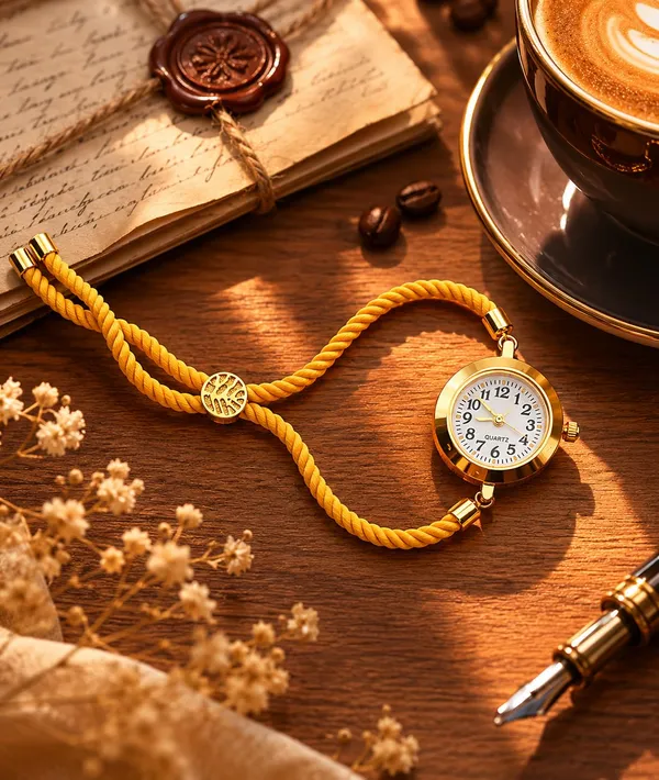 SHANKHRAJ_MALL_Vintage_Quartz_Bracelet_Watch,_Gold-Tone_Round_Dial,_Brown_Rope_Strap,_Retro_Style_(YELLOW)