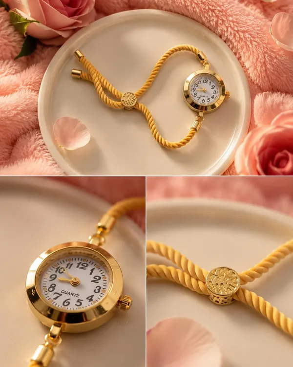 SHANKHRAJ_MALL_Vintage_Quartz_Bracelet_Watch,_Gold-Tone_Round_Dial,_Brown_Rope_Strap,_Retro_Style_(YELLOW)