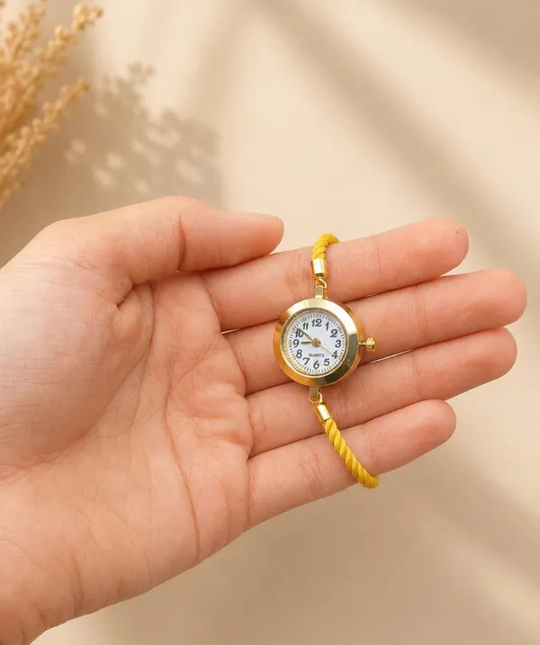 SHANKHRAJ_MALL_Vintage_Quartz_Bracelet_Watch,_Gold-Tone_Round_Dial,_Brown_Rope_Strap,_Retro_Style_(YELLOW)