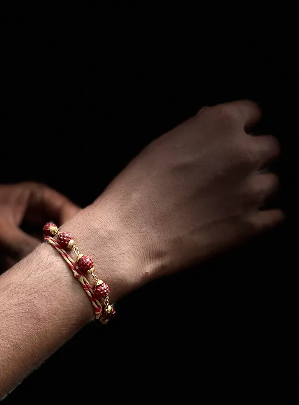 SHANKHRAJ_MALL_Handcrafted_Rudraksha_Beaded_Bracelet_with_Gold-Toned_Accents,_Red