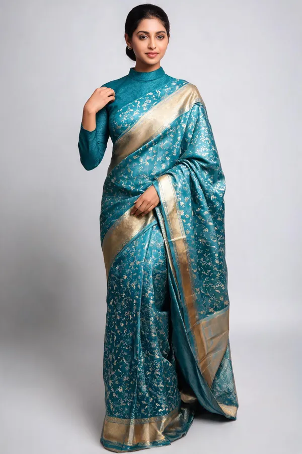 Teal_Floral_Print_Saree_For_Women