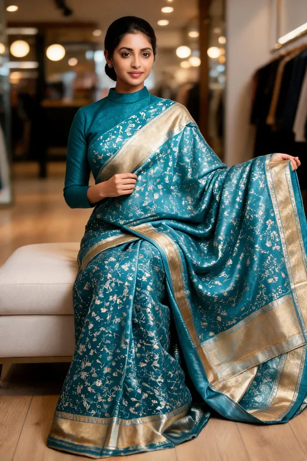 Teal_Floral_Print_Saree_For_Women
