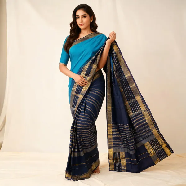 Turquoise_Blue_And_Navy_Blue_Traditional_Woven_Saree_With_Gold_Zari_Border