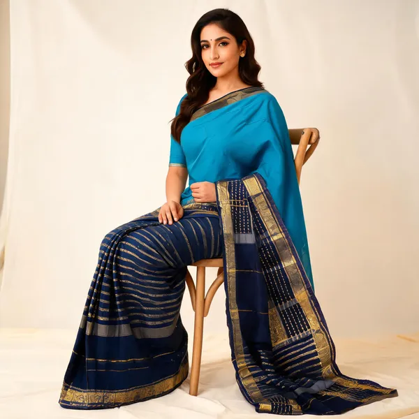 Turquoise_Blue_And_Navy_Blue_Traditional_Woven_Saree_With_Gold_Zari_Border