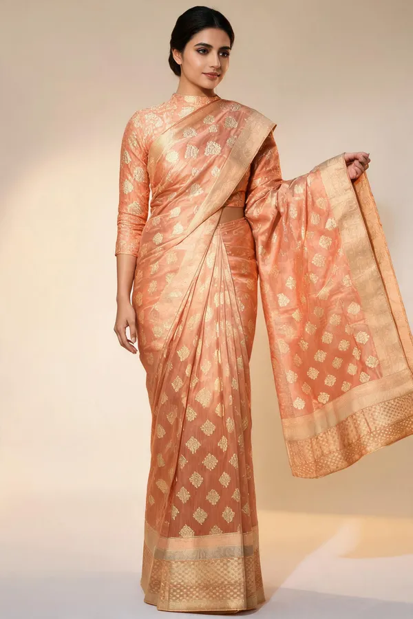 Peach_Gold_Traditional_Woven_Saree_With_Gold_Zari_Butta_And_Brocade_Border