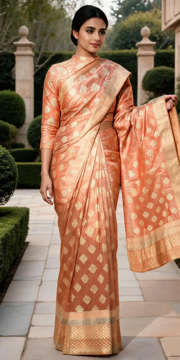 Peach_Gold_Traditional_Woven_Saree_With_Gold_Zari_Butta_And_Brocade_Border