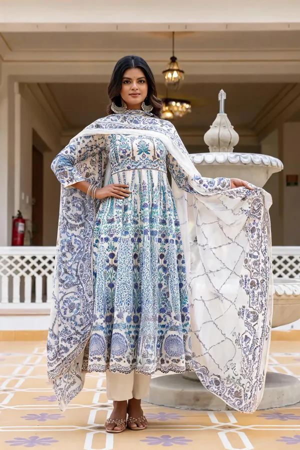 White_And_Blue_Floral_Printed_Anarkali_Kurta_Set_With_Matching_Dupatta_For_Women