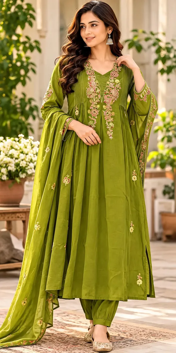 Olive_Green_Embroidered_Anarkali_Kurta_Set_With_Matching_Pants_And_Dupatta_For_Women