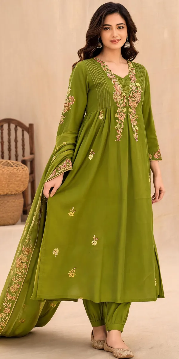Olive_Green_Embroidered_Anarkali_Kurta_Set_With_Matching_Pants_And_Dupatta_For_Women