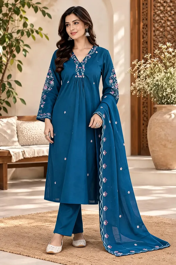 Teal_Blue_Embroidered_Kurta_Set_With_Matching_Pants_And_Dupatta_For_Women